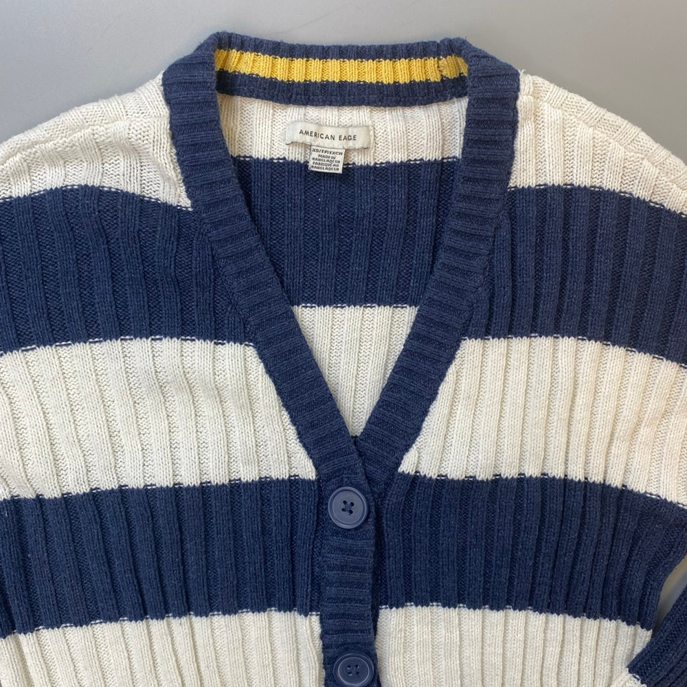American Eagle Cardigan Womens XS Navy White Stripe Ribbed Crop Nautical Indie - Picture 9 of 12
